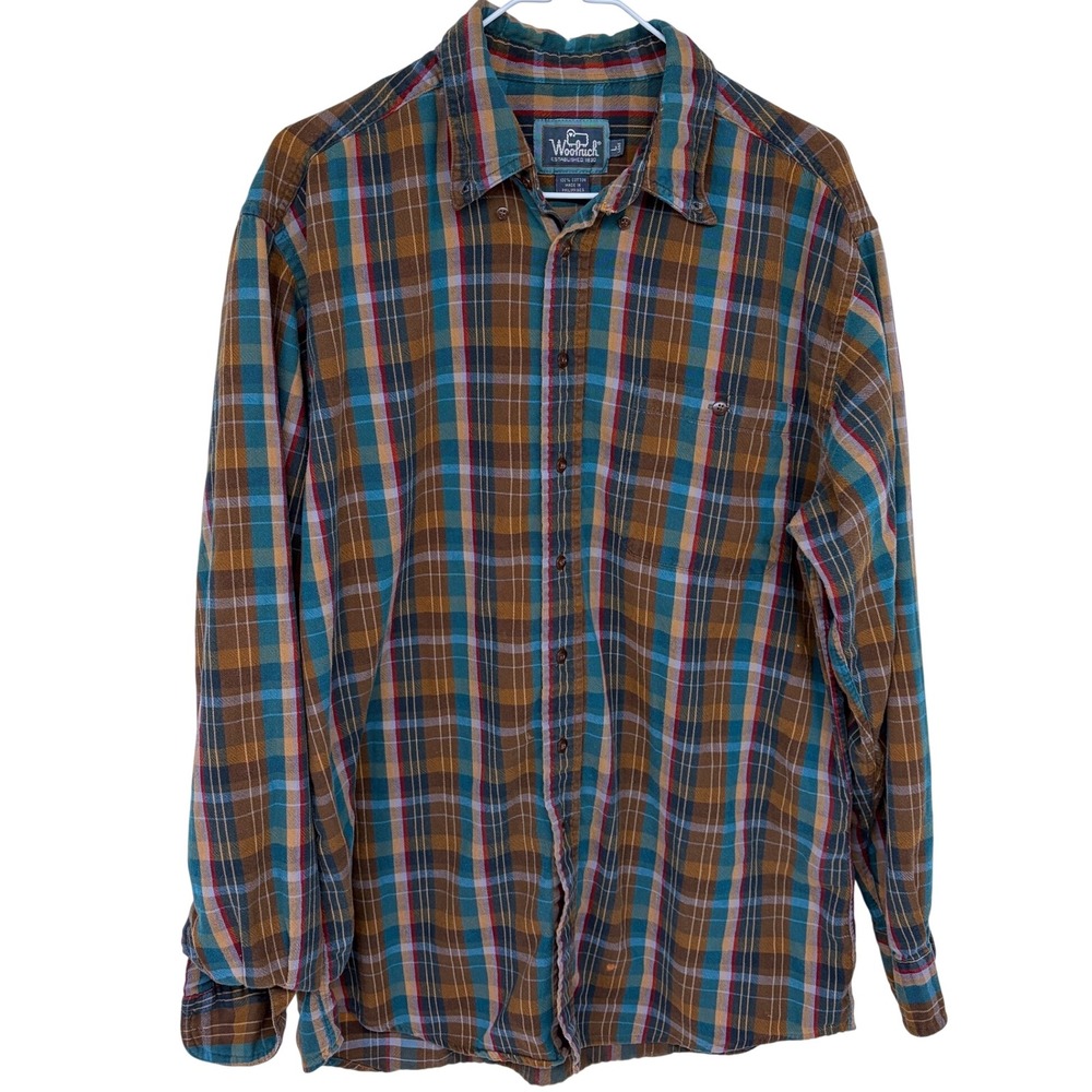 Brown & Teal Plaid Woolrich Flannel Shirt Large Long Casual Button Down Outdoor